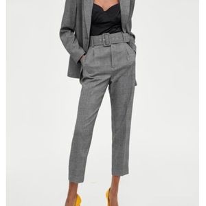 ZARA PLAID CHECK HIGH WAISTED BELTED TROUSER